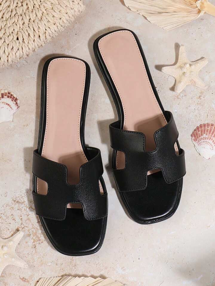 SHEIN SHUZIA All-Time Bestseller Women's Luxe-Inspired Harness Cutout Open Toe Timeless PU Black Slides Summer Shoes Spring Shoes Spring Break Easter | SHEIN