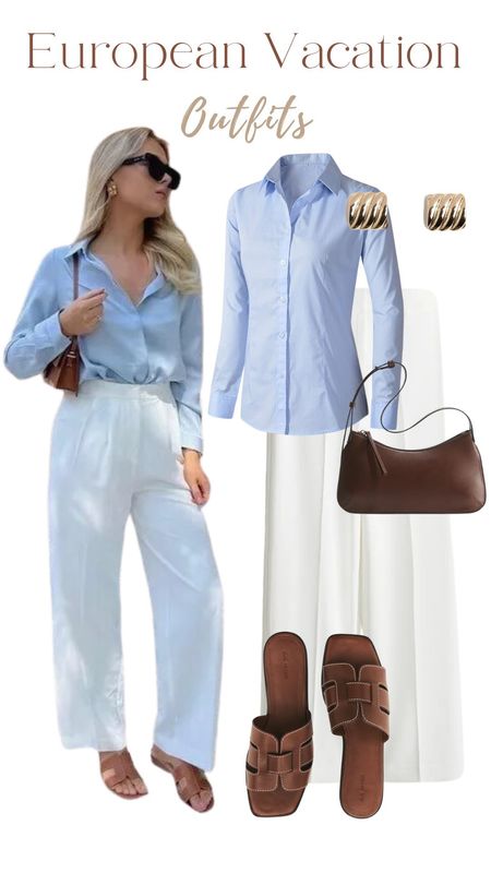 Blue shirt, white pants, brown shoulder bag, brown sandals, European vacation outfit, summer outfits, summer fashion 

#LTKstyletip #LTKfindsunder50 #LTKtravel