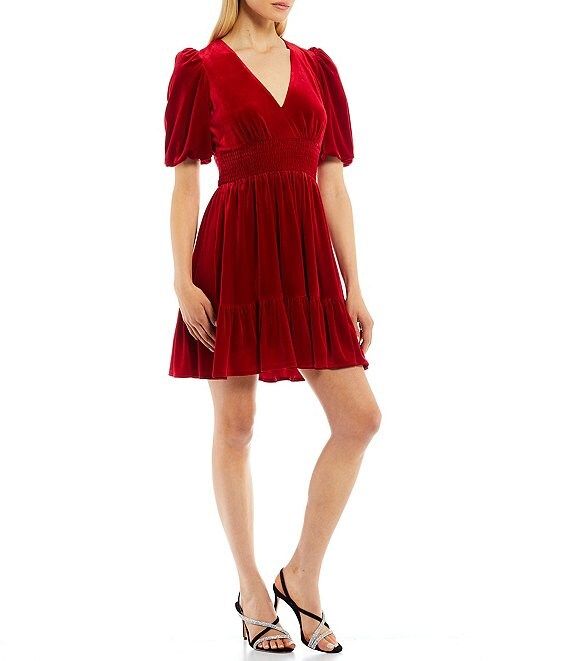 Thelma Short Bubble Sleeve V-Neck Smocked Waist Velvet Dress | Dillards