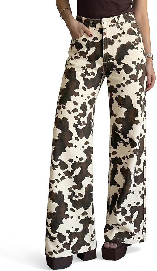 Cicy Bell Womens Wide Leg High Waisted Leopard Baggy Stretchy Jeans | Animal Print，Denim Pants ... | Amazon (US)