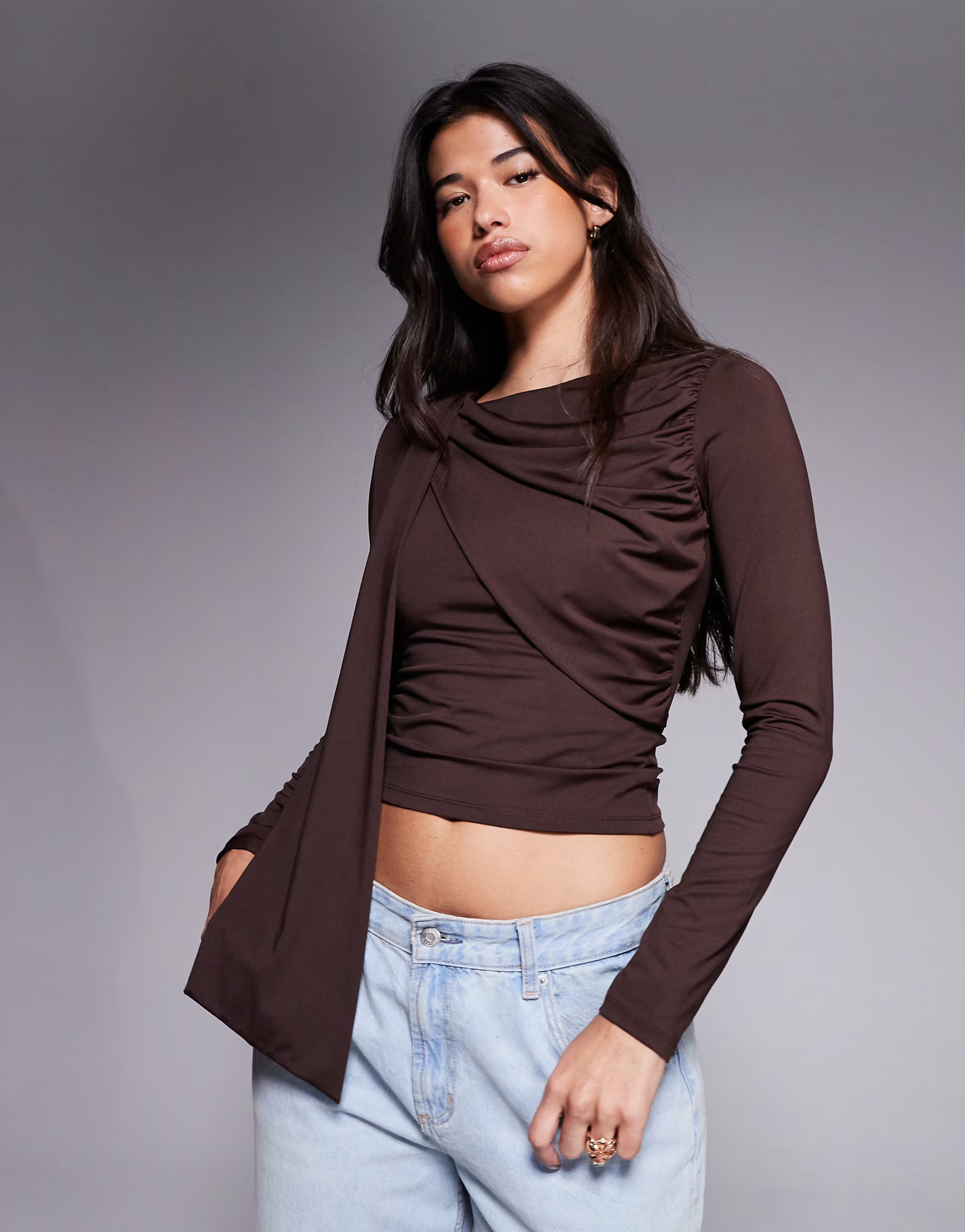 ASOS DESIGN slinky drape detail long sleeve top in chocolate | ASOS | ASOS (Global)