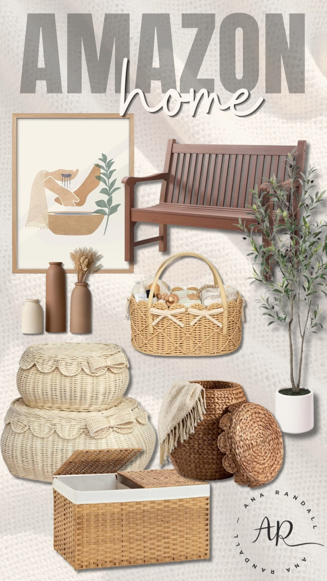 Amazon home finds for a calm & elevated space 🤍✨

Creating a home that feels peaceful, warm, and intentional starts with the details… soft textures, natural materials, and timeless pieces that bring everything together effortlessly.

These are the kind of finds that make your space feel cozy, curated, and beautifully lived in — without overcomplicating it.

Pieces in this collage:
• wooden bench
• neutral wall art
• woven baskets & storage
• decorative vases
• textured blankets
• indoor greenery
• natural fiber accents

Your home should feel like a place of rest and inspiration… this is your sign to create a space that reflects that 🤍

Everything is linked in my LTK ✨

XOXO,
Ana Randall 💗

#LTKMothersDay #LTKdayinmylife #LTKHome