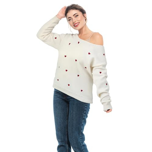 Coume Women Valentine Heart Sweater V Neck Embroidery Knit Long Sleeve Loose Casual Pullover for Girlfriend Wife Gift(L) Apricot | Amazon (US)