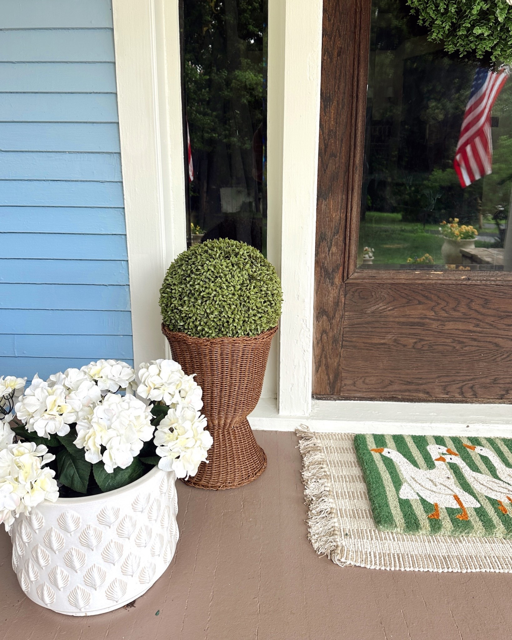 Front porch inspo, I love my Walmart woven planters! 
White planter is old from TJ Maxx and goose doormat is from Garnet Hill

#LTKHome