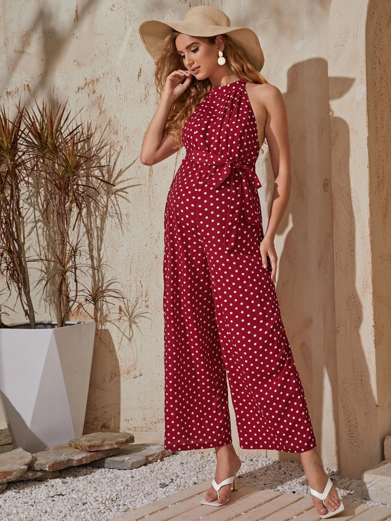 SHEIN Maternity Self Belted Polka Dot Halter Jumpsuit | SHEIN