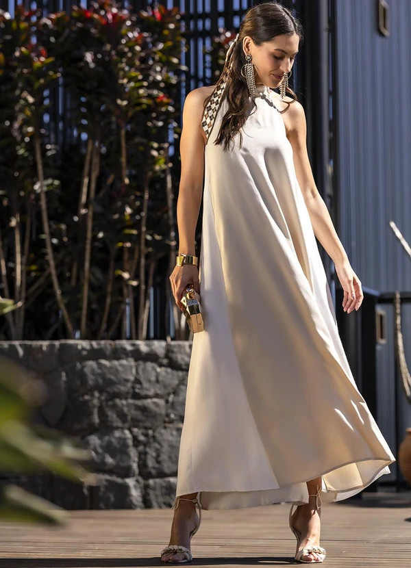 Quintess - Vestido Bege em Viscose Plana Sarjada | Posthaus (BR)