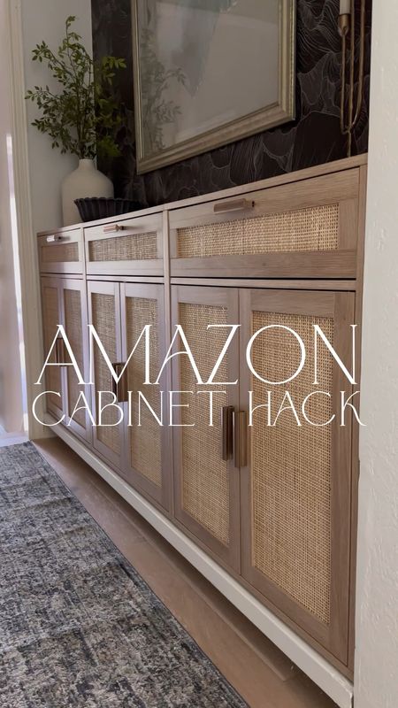 Amazon cabinets on sale! I used 3 of these single rattan cabinets, not attaching the legs and using adjustable brass hardware to create  custom look for less! Great solution for a shallow space! Linked my moody wallpaper and art as well! The frame is vintage, and artwork is printable to size!

#LTKSaleAlert #LTKStyleTip #LTKHome