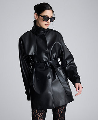 Kenneth Cole Women’s Faux Leather Double Breasted Belted Trench - Macy's | Macy's