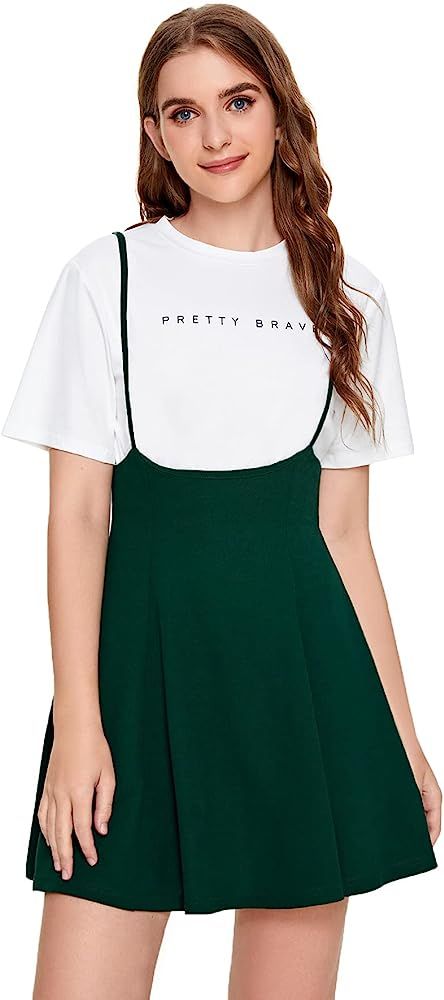 SheIn Women's Basic High Waist Flared Suspender Skirt Overall Dress Without Tee | Amazon (US)