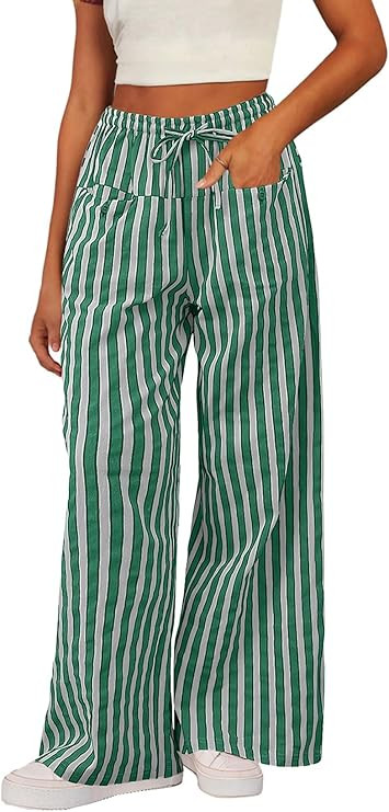 Acelitt Women Casual Drawstring Elastic Waist Loose Wide Leg Striped Pants with Pockets, S-XXL | Amazon (US)