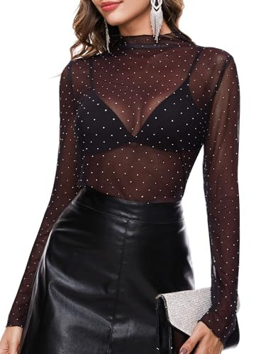 BBX Lephsnt Black Mesh Top Long Sleeve Mock Neck Sheer Tee Shirt Sexy Lace Glitter Tops Lightweight | Amazon (US)