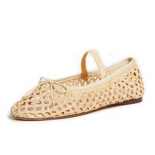 MICIFA Woven Mesh Ballet Flats for Women Raffia Round Toe Bow Mary Jane Flats Straw Ballerinas Flats Wedding Natural Crocheted Dress Shoes Apricot Beige | Amazon (US)