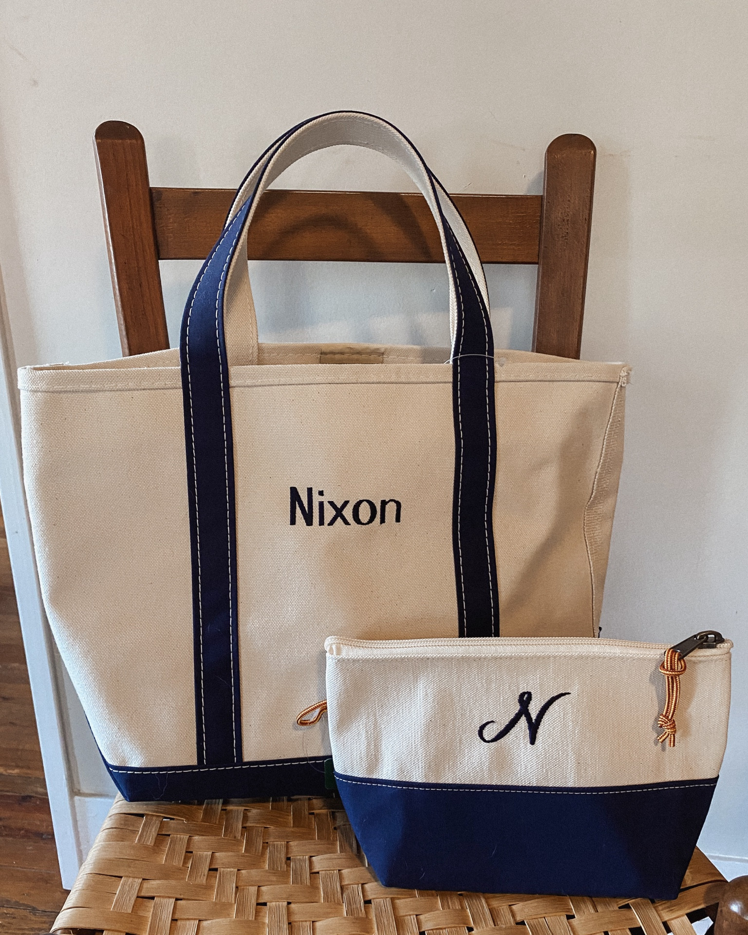 The L.L.Bean Boat and Tote is unmatched, classic, iconic! The best quality to last forever.🫶🏻
Pictured is the zip pouch and medium size tote with regular straps. Both navy and monogrammed.⛵️

#LTKitbag #LTKtravel #LTKSeasonal