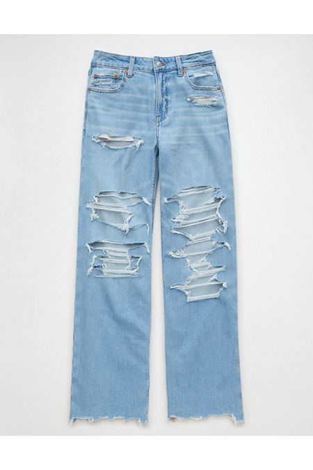 AE Dreamy Drape Stretch Ripped Super High-Waisted Baggy Wide-Leg Jean Women's Horizon 0 Short | American Eagle Outfitters (US & CA)