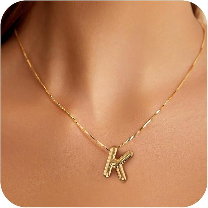 BAYLAY Bubble Letter Necklace Gold - 18K Gold Plated Balloon Bubble Initial Necklaces for Women B... | Amazon (US)
