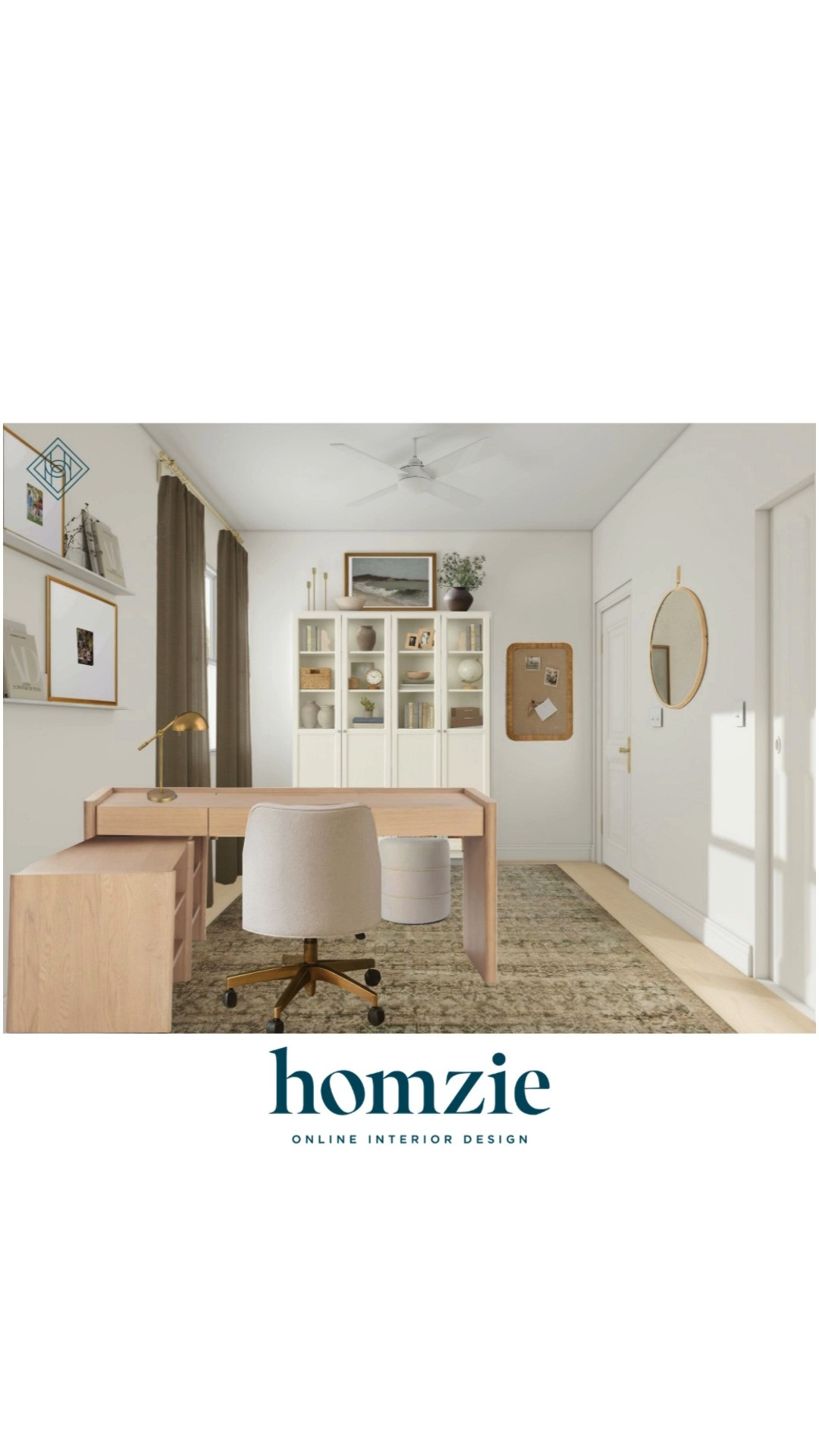 Neutral, light & airy office design featuring curtains, rug, L-shaped desk, desk chair, cabinets, circle mirror, wall art, wall shelves, decor, etc.

#LTKHome #LTKFinds #LTKFavorites #HomeStyleDaily 

 #LTKHome