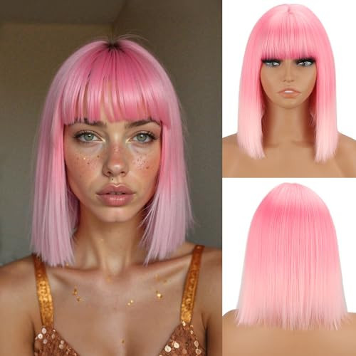 MERISIHAIR Ombre Pink Bob Wig With Bangs Short Straight Bob Bangs Wig, 12Inch Heat Resistant Synthetic Hair, Natural Looking For Daily Party Use | Amazon (US)