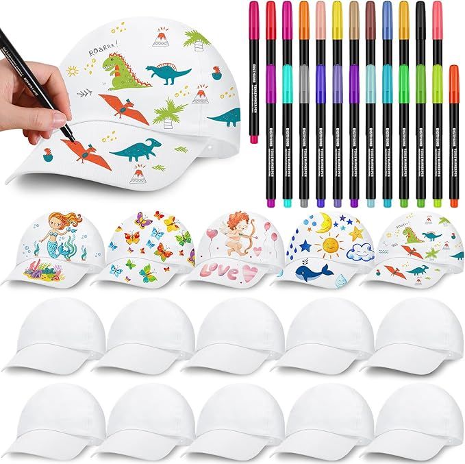 White Kids DIY Hats with 24 Colors Fabric Markers Pen Crazy Hat Kids White Baseball Hats with Bac... | Amazon (US)