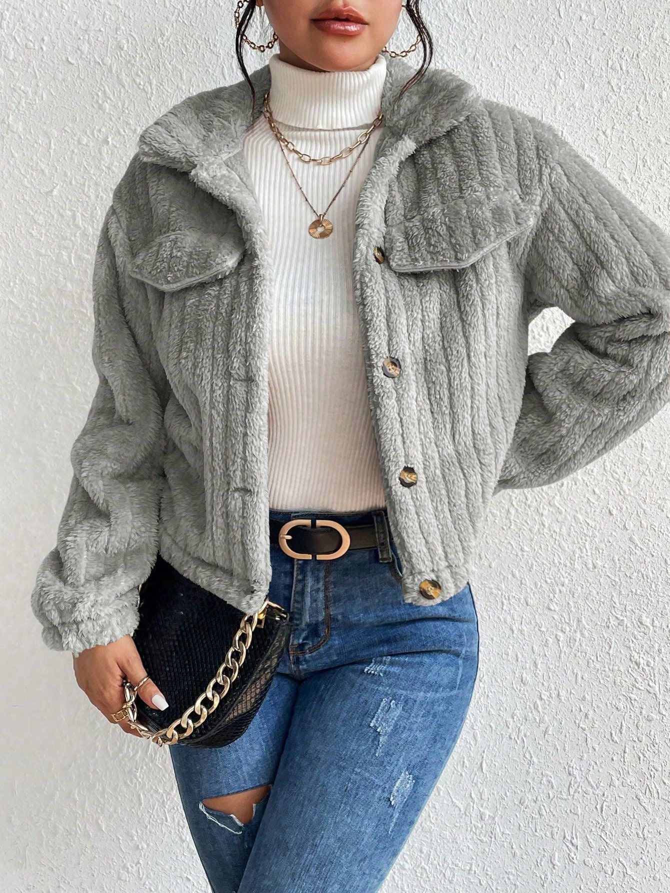 SHEIN Essnce Flap Detail Flannelette Jacket | SHEIN
