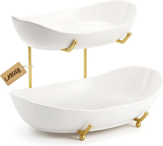 Large Size 2 Tier Ceramic Fruit Bowl,（13.4 and 11 inch Plate）More Storage Space, Golden Metal... | Amazon (US)
