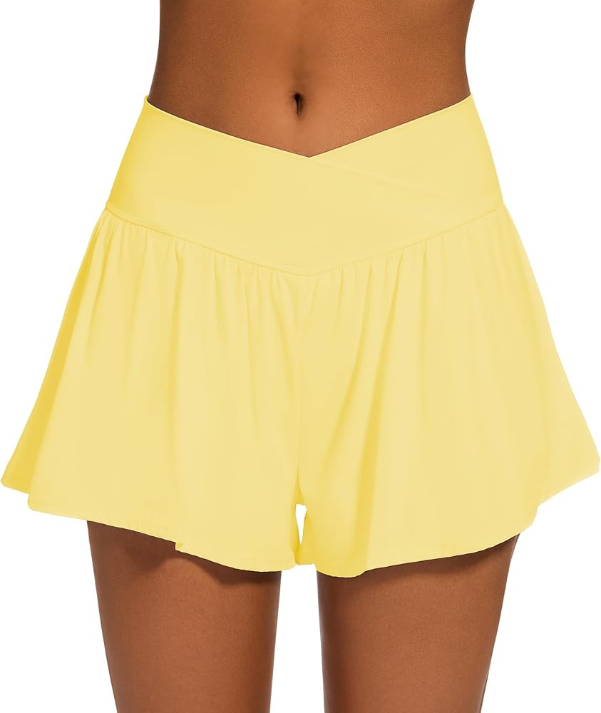 Womens Crossover Athletic Shorts Wide Waistband Flowy Tennis Sports Skorts with Pockets | Amazon (US)