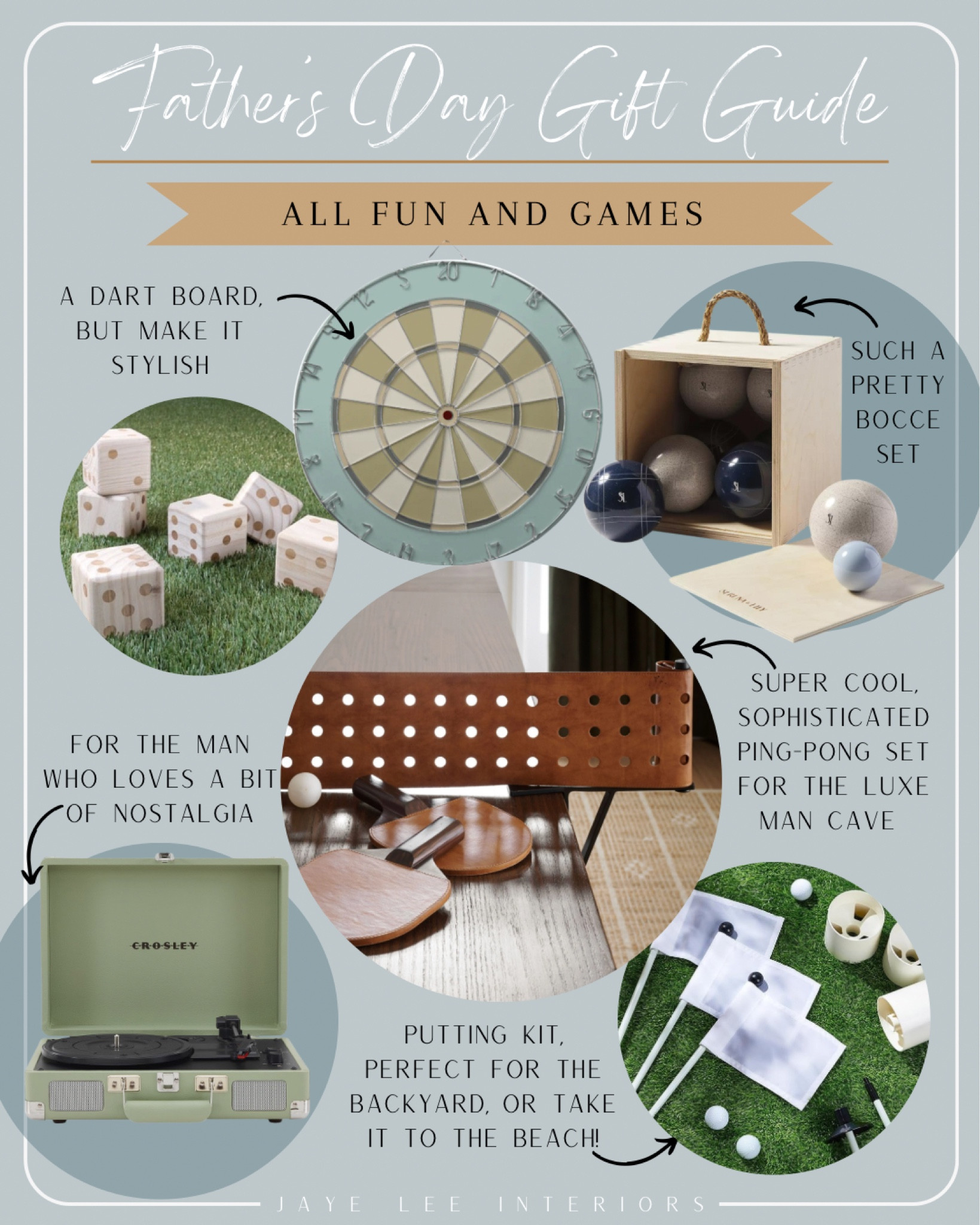 Father’s Day Gift Guide: All Fun & Games

Sure it’s a gift guide for the Dads, but truly, these are gifts for everyone to enjoy!! From lawn games, to man cave must-haves, I’ve curated a classic collection of games and entertainment that will only enhance the beauty of your home. 
Father’s Day gift guide, Father’s Day, gifts for him, gifts for dad, lawn games, man cave, party barn, summer entertaining, summer barbecue, summer games, outdoor living, outdoor games, golf, ping-pong, dartboard, bocce ball, record player 

#LTKHome #LTKMens #LTKGiftGuide