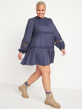Long-Sleeve Pintucked Clip-Dot Mini Swing Dress for Women | Old Navy (US)