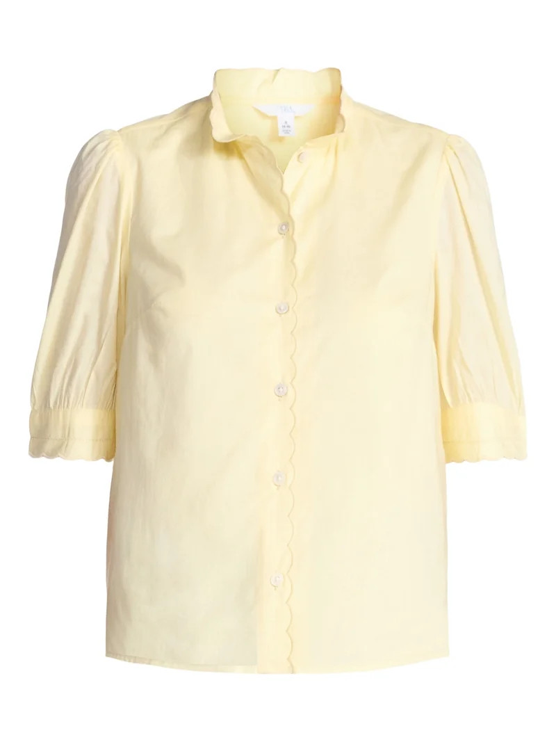 Time and Tru Women's Cotton Scalloped Edge Blouse with Short Sleeves, Sizes XS-XXXL | Walmart (US)