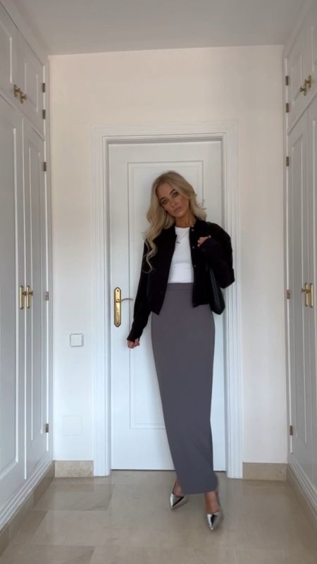 Ootd black cropped bomber jacket grey maxi skirt white tee black Gucci dupe silver court high heels 

#LTKeurope #LTKSeasonal #LTKfindsunder50