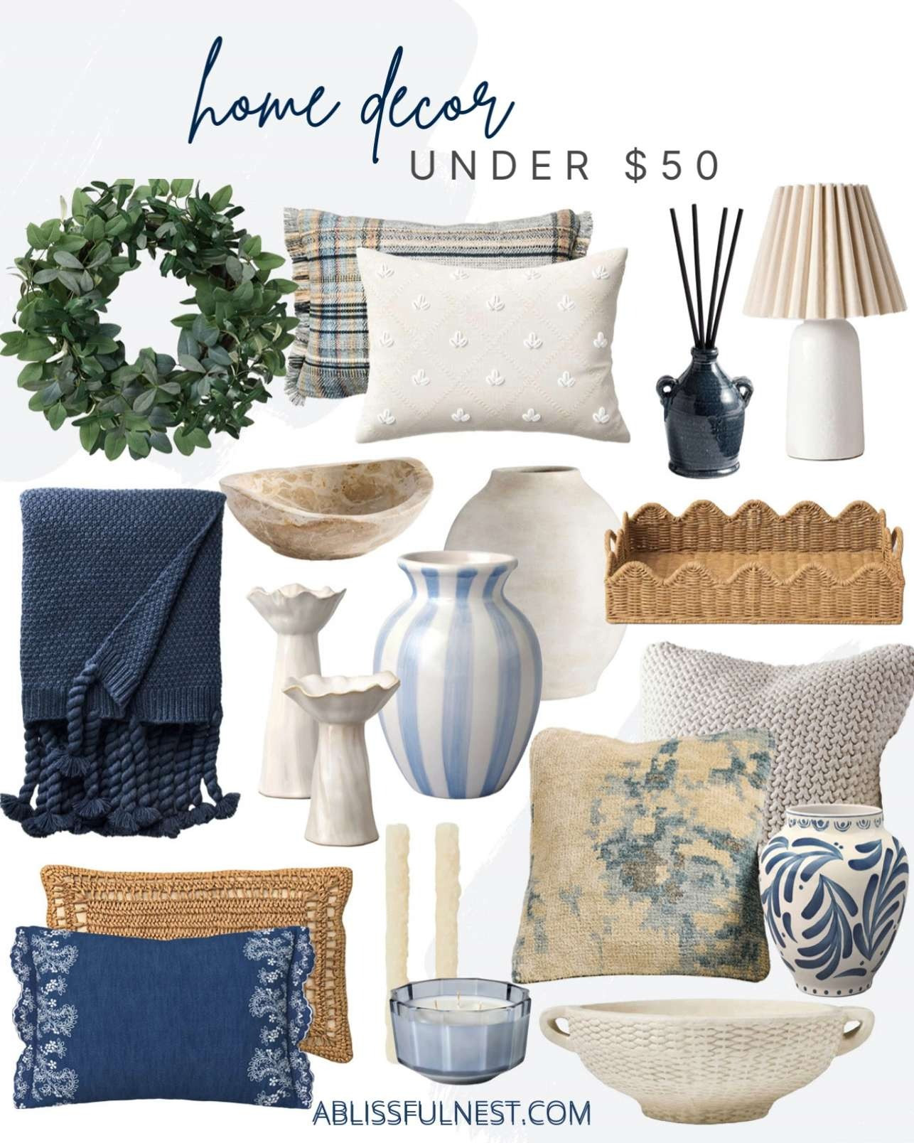 Affordable touches that make a statement. Shop my top picks under $50.
mixed herb wreath, lumbar fringe edge throw pillow, embellished shell lumbar pillow, ceramic lamp with scallop shade, denim floral eyelet lumbar pillow, plaid fringe lumbar pillow, colored glass scented candle, textured ceramic bowl, blue knit throw blanket, palm weave lumbar pillow, scallop edge woven tray, sculpted taper candle holder, hydrangea floral shaped candle, stripe ceramic vase, blue painted ceramic vase, blue scented oil diffuser, hand knotted pillow, seed stitch pillow, cream ceramic vase, decorative marble bowl 

 #LTKHome