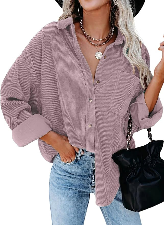Dokotoo Womens Corduroy Button Down Shirts Boyfriend Long Sleeve Oversized Blouses Tops | Amazon (US)