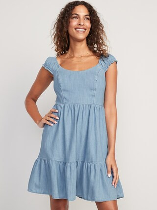 Fit & Flare Puff-Sleeve Smocked Jean Mini Dress for Women | Old Navy (US)