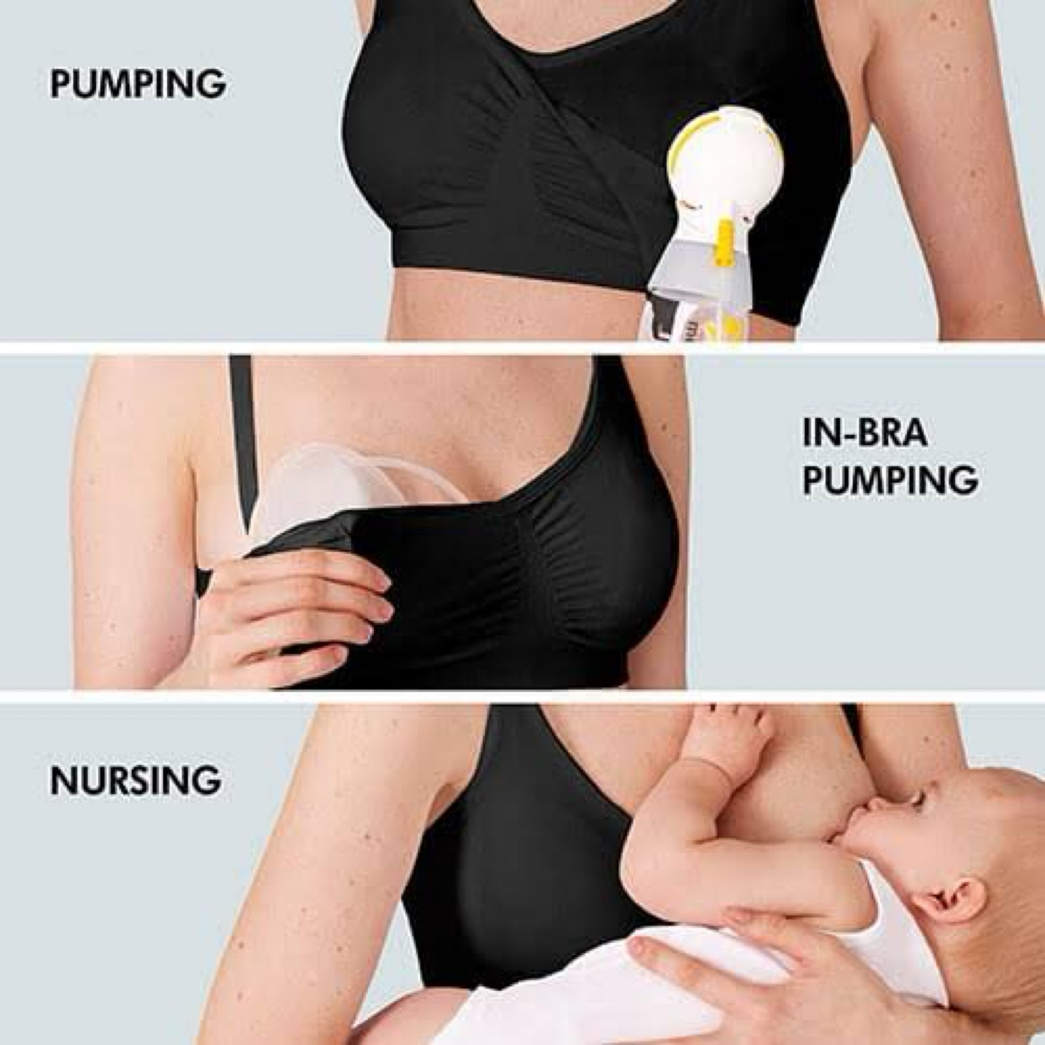 This Medela pumping + nursing bra has been great for me so far. The material is soft and the design and fit is practical and versatile. I got mine in black because I didn’t want any stains from the nipple cream I was using (Lansinoh - which is quite thick like Vaseline) to show on a lighter colour. 