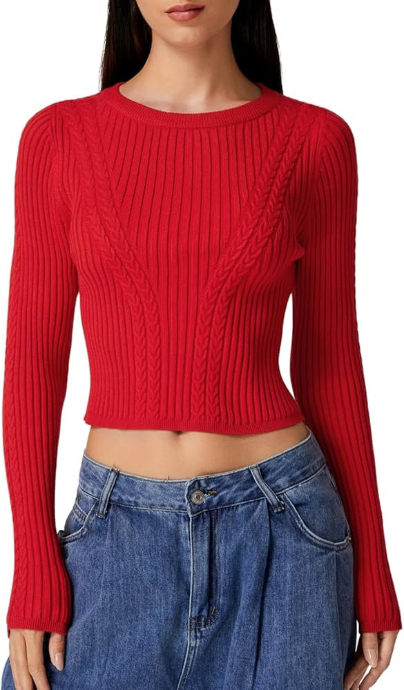 QINSEN Womens Cable Knit Crewneck Sweaters Ribbed Hem Slim Fit Long Sleeve Pullover Crop Tops | Amazon (US)