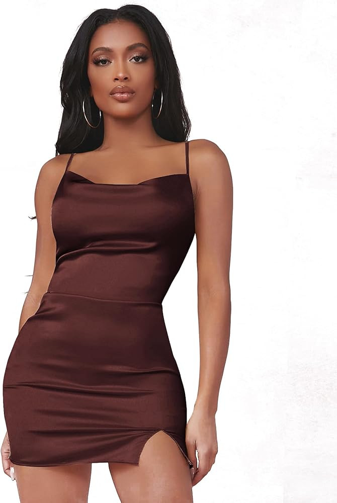 Verdusa Women's Split Hem Cowl Neck Spaghetti Strap Satin Cami Bodycon Dress | Amazon (US)