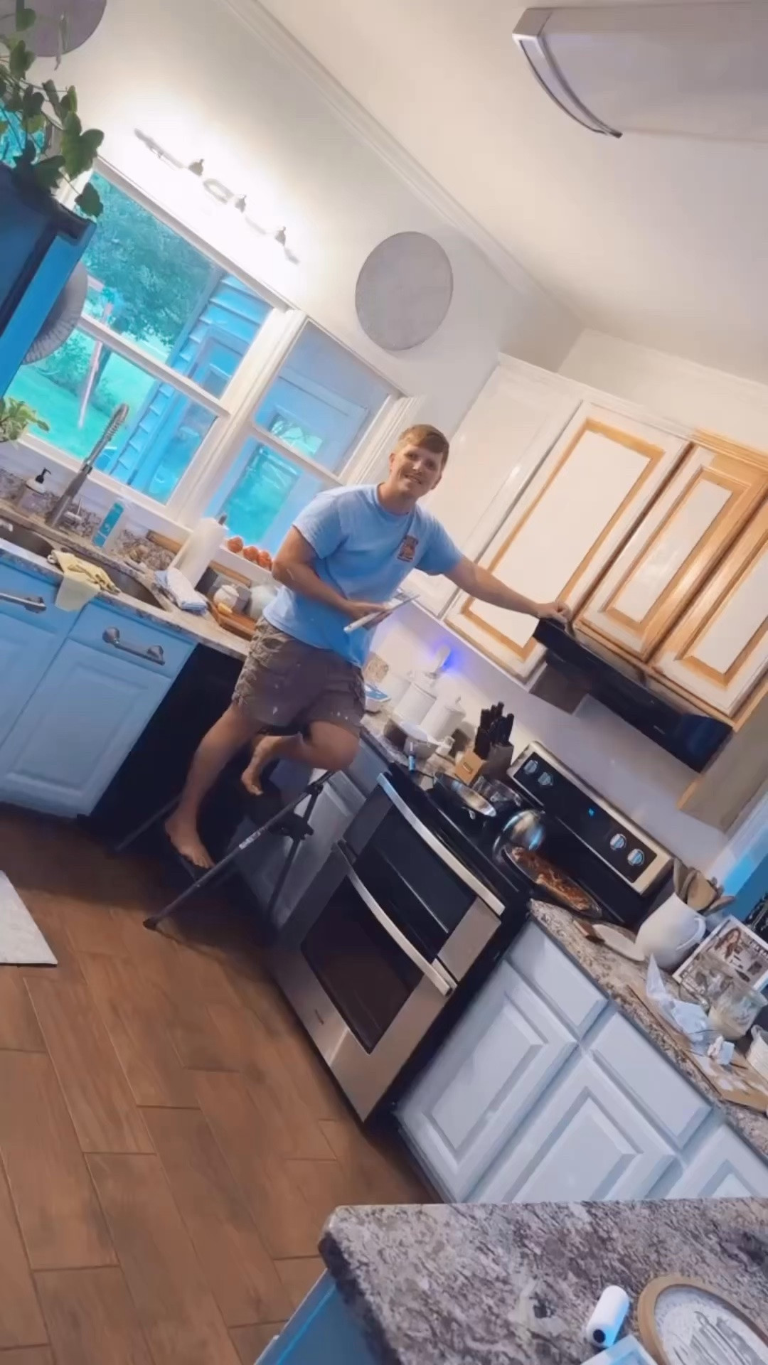 Andddddd look 👀 what this handsome man 🔥 has been up to all day 🤭 - painting 🖌️ all the lower cabinets 🪵 (in the kitchen, laundry room & office!) that gorgeous light powder blue 🩵 and we are doing the tops all white!! 🤍 It’s coming together and we are OBSESSED! 🤩 We’ve been wanting to do this since we moved in, and this was just the perfect 😍 “in town” weekend to do so!! 🏡