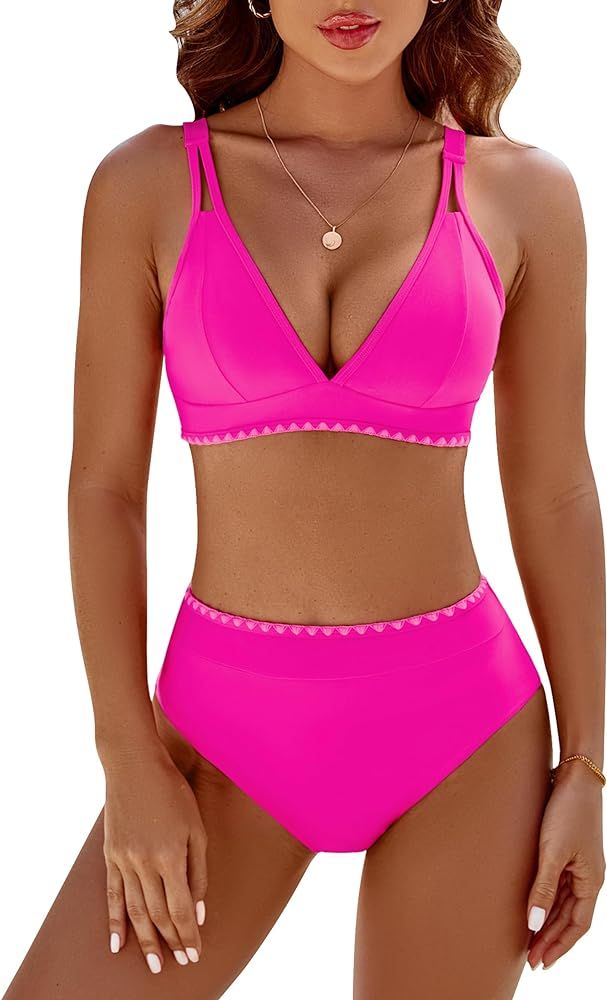 BMJL Women's Bikini Sets V Neck High Waisted Swimsuits Shell Stitched Cheeky Two Piece Bathing Su... | Amazon (US)