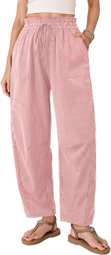 Dokotoo Women's Striped Barrel Casual Pants High Waisted 2026 Elastic Drawstring Trousers | Amazon (US)