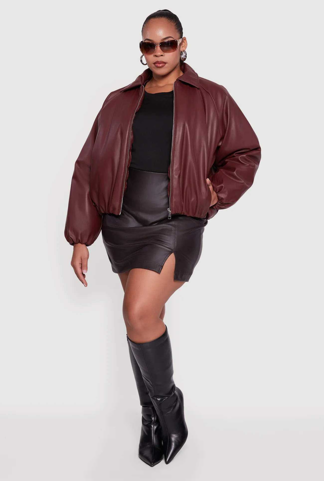Plus Size Faux Leather Zip Front Bubble Hem Jacket | Rainbow Shops