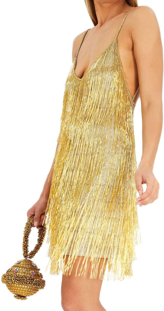 MOFLORA Women Sexy Deep V-Neck Backless Patchwork Bodycon Dress Summer Fringe Tassel Club Party P... | Amazon (US)