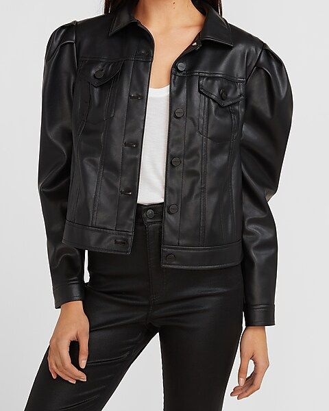Faux Leather Puff Sleeve Trucker Jacket | Express