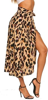 Women's Boho Leopard Skirt High Low Split Summer Beach Midi Wrap Skirts | Amazon (US)