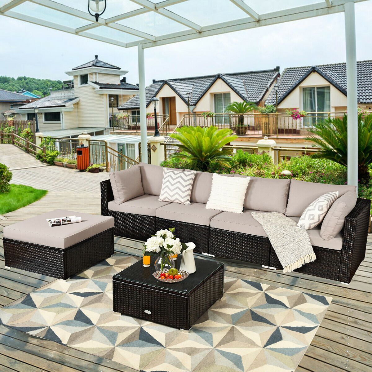 Costway 6PCS Outdoor Patio Rattan Furniture Set Cushioned Sectional Sofa Table Ottoman | Target
