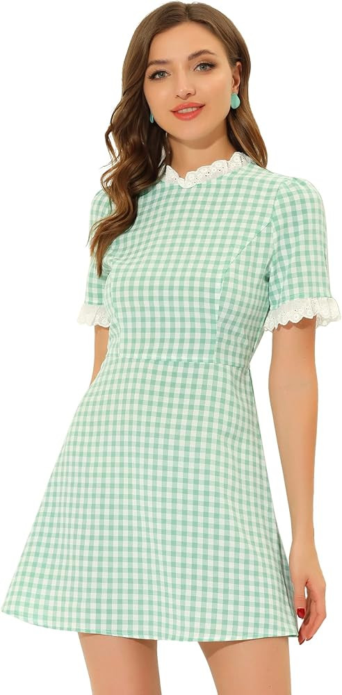 Allegra K Women's Halloween Dorothy Dress Costume Summer Ruffle Neck Lace Panel Short Sleeve Chec... | Amazon (US)