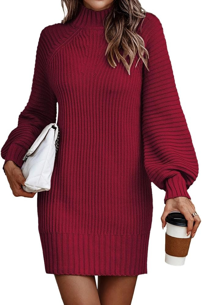 LILLUSORY Women's Mock Turtleneck Sweater Dress Trendy Pullover Puff Sleeve Fall Dress Knit Winte... | Amazon (US)