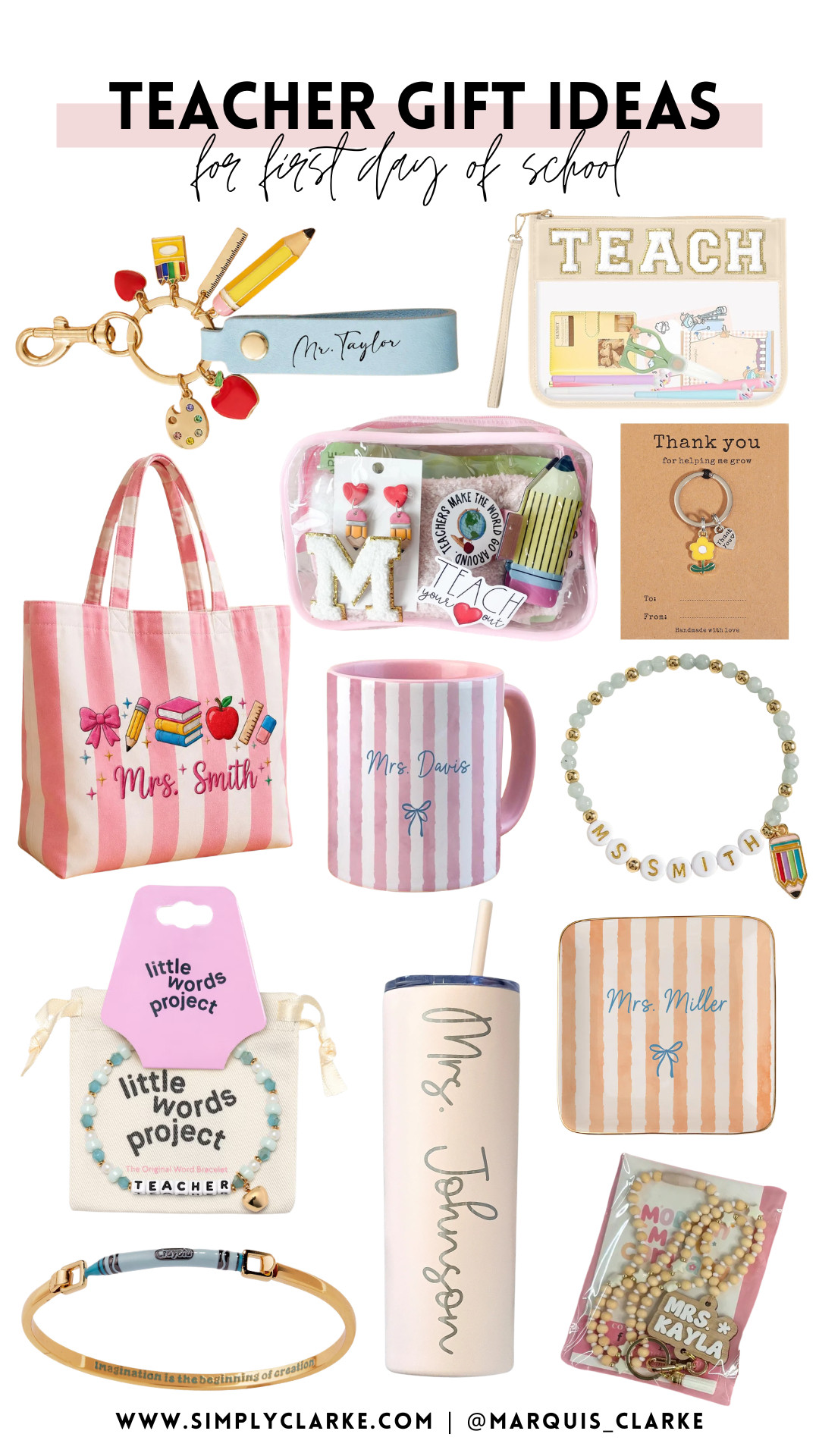 Teacher gift ideas for back to school! Personalized teacher gifts, teacher tote bags, mugs, tumblers, keychains, bracelets, classroom accessories, and first day of school gift ideas—all linked! 

 