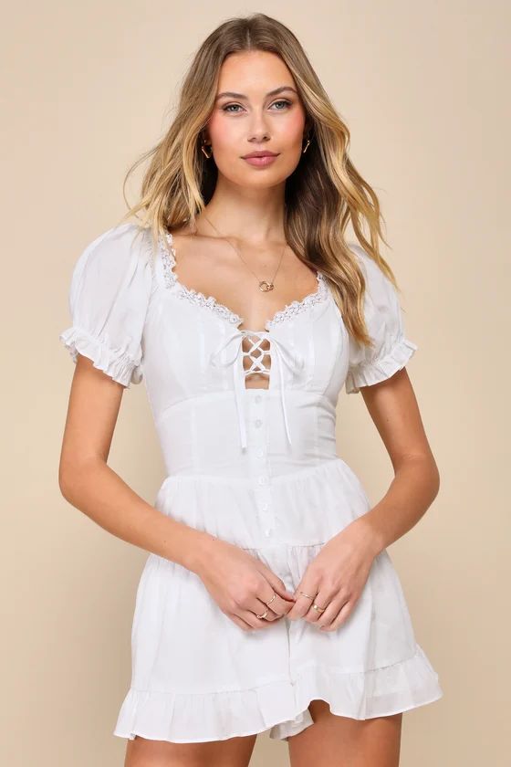 Completely Precious White Lace-Up Puff Sleeve Corset Romper | Lulus