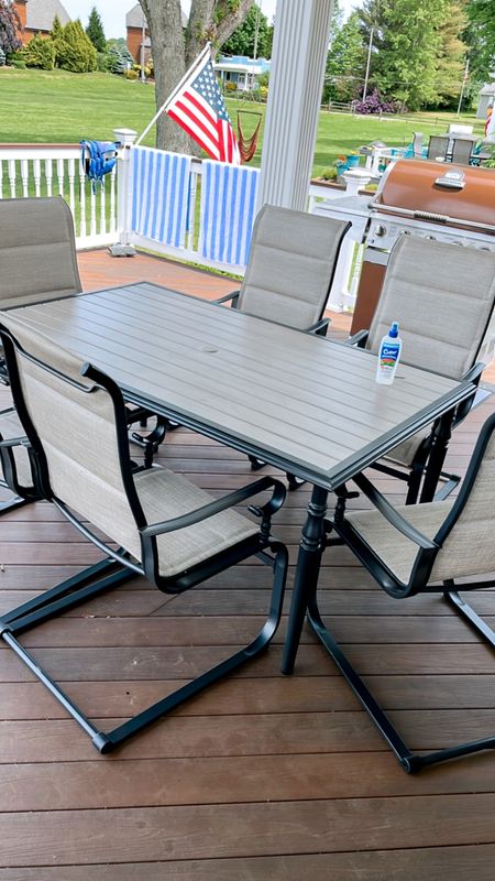 7 piece metal outdoor dining set
My favorite feature is that seats are nice & comfy, but do not have cushions that you need to cover if it rains. The chairs also rock and are extremely comfortable! Love that the slat top table is durable and easy to clean

#LTKHome #LTKSeasonal #LTKSaleAlert