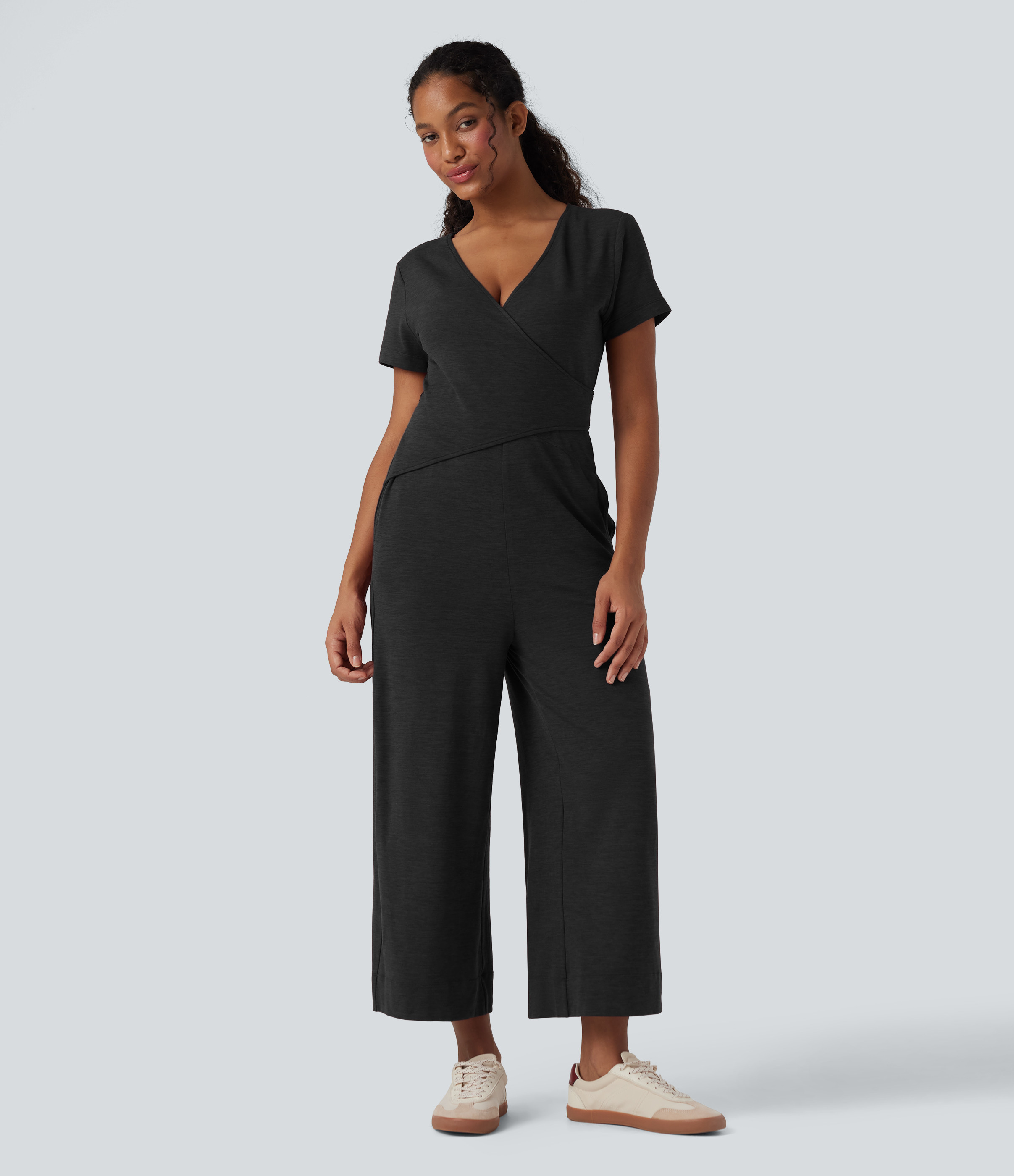 Halara V Neck Short Sleeve Wrapped Tie Back Straight Leg Casual Jumpsuit with Pockets Workout Dress - Mottled Hemp Black - L(regular) | HALARA