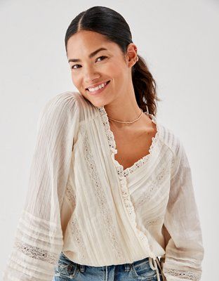 AE Long-Sleeve Wrap Front Blouse | American Eagle Outfitters (US & CA)